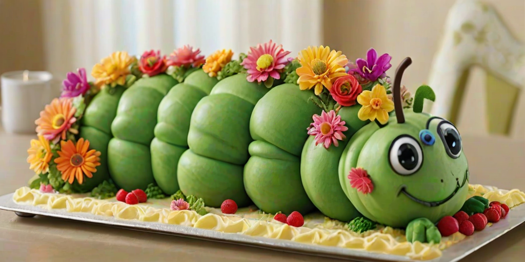 Create an image of a whimsical, oversized caterpillar made of cake. The caterpillar should be vibrant green and adorned with colorful flowers and small trees growing from its segments. It should have a friendly face with big eyes and a smile. Surround the caterpillar with a variety of decorative plants and flowers, creating a cheerful and enchanting atmosphere. The scene should be set indoors by a window, allowing natural light to illuminate the details of the cake and the surrounding decor.
