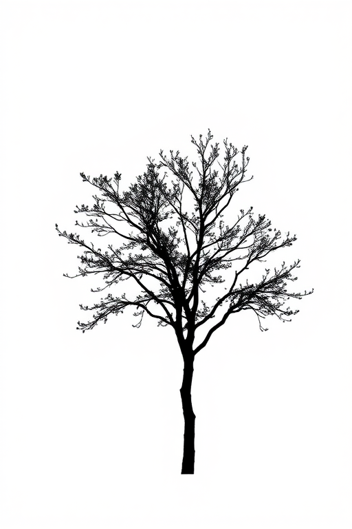 Create a high-quality image of a minimalist black silhouette of a tree against a white background, using a DSLR camera with a 50mm lens, aperture set to f/8, ISO 100, and a focus on the silhouette, ensuring a clean and crisp contrast between the tree and background.
