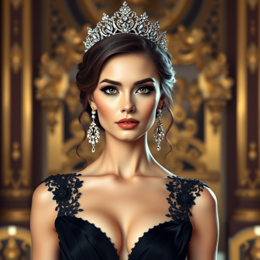 A gorgeous Caucasian woman in a luxurious black gown, accessorized with a dazzling tiara and statement earrings, her deep brown eyes highlighted by impeccable makeup, poised in a royal setting, photorealistic, 8K quality