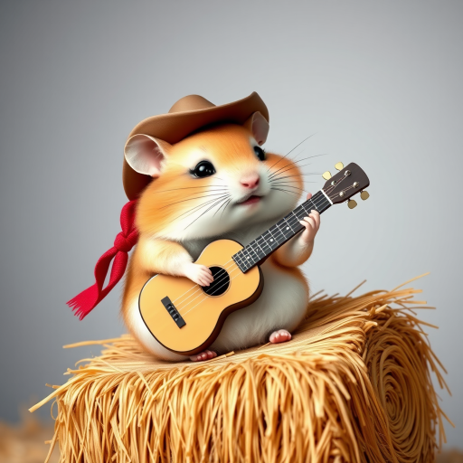 A chibi hamster, dressed as a cowboy, playing guitar, sitting on a hay bale