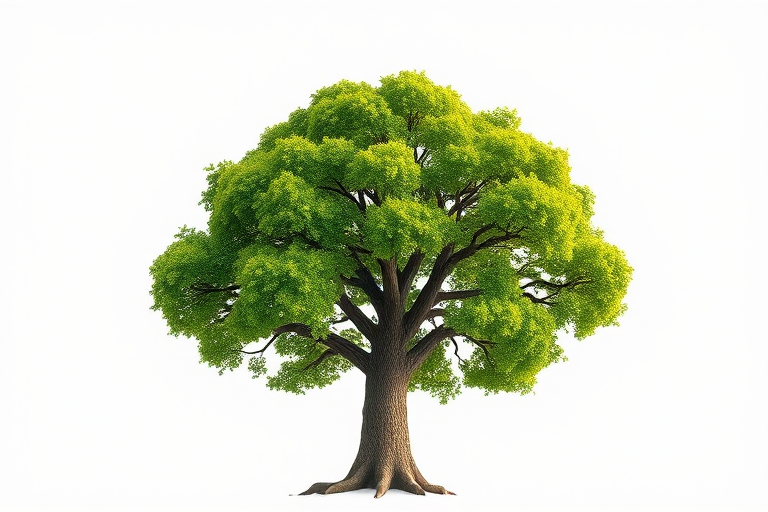 A stylized green tree with a thick trunk and a round canopy, captured in high resolution with a DSLR camera, 50mm lens, f/2.8 aperture, 1/200s shutter speed, and natural lighting from a low angle view to enhance texture and depth.
