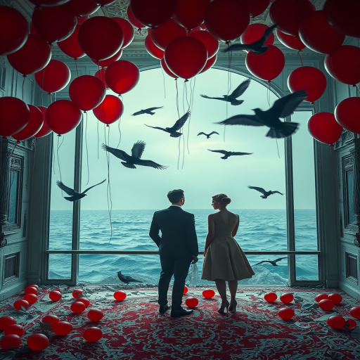 Generate a surreal scene of two figures in elegant attire standing in an opulent, decaying room filled with red balloons, gazing out at a stormy sea, with dark birds circling above, using a full-frame DSLR camera at f/2.8, 50mm lens, ISO 100, and 1/125s shutter speed for sharp detail and rich color, in dramatic low lighting.