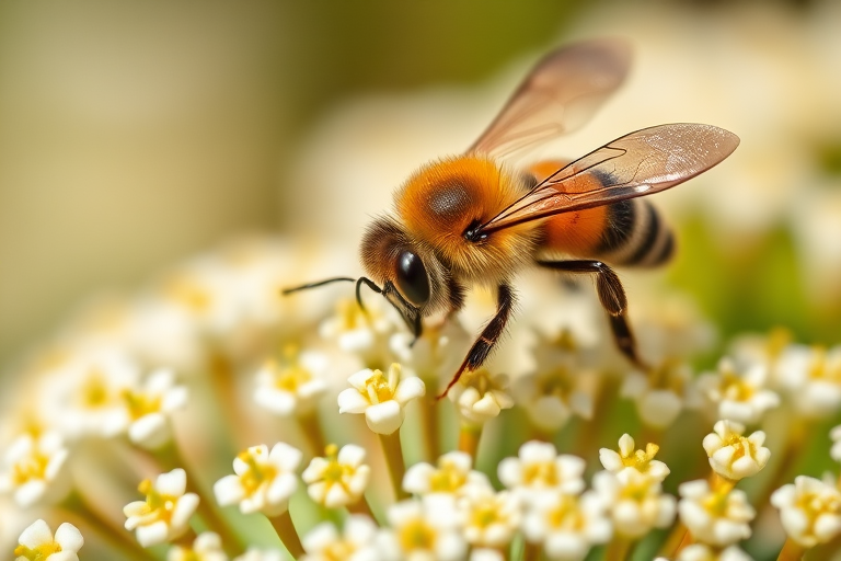 macro photograph of a bee pollinating tiny white flowers with a shallow depth of field, taken with a Canon EOS 5D Mark IV, 100mm f/2.8L Macro IS USM lens, ISO 200, aperture f/2.8, shutter speed 1/200s, natural sunlight, vibrant colors, focus on the bee.