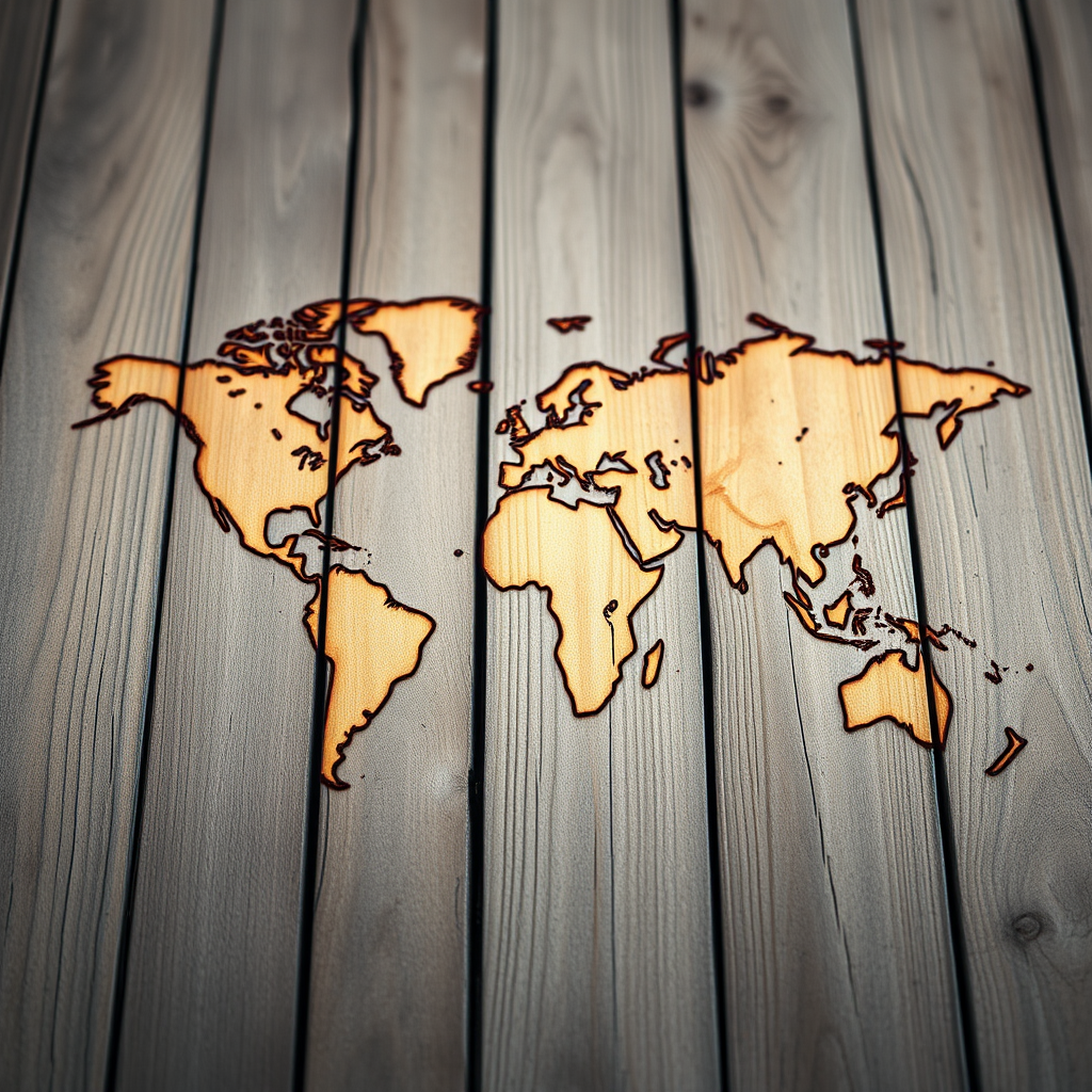 Create a detailed texture of a world map engraved on weathered wooden planks, shot with a Canon EOS 5D Mark IV, 50mm lens, aperture f/8, ISO 100, in natural light, with a shallow depth of field for enhanced clarity and richness in colors.