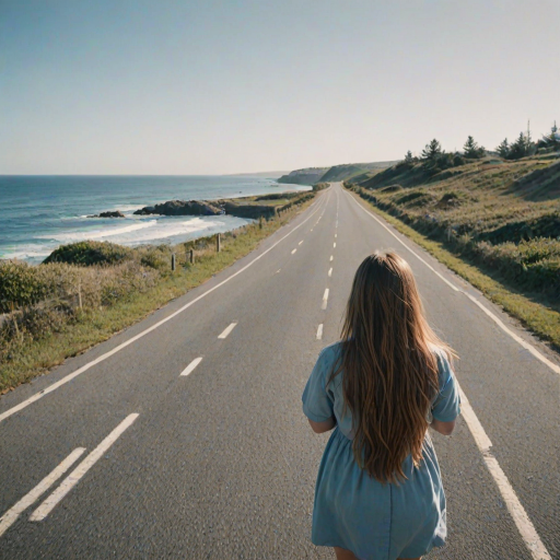 Wide-angle shot of a coastal road leading down to a calm blue ocean. A chubby high school girl with long hair, blown gently by the ocean breeze, walks along the road, looking to the viewers with. Enhanced contrast, and a soft focus on the horizon. Use a DSLR camera with a 24mm lens at f/5.6