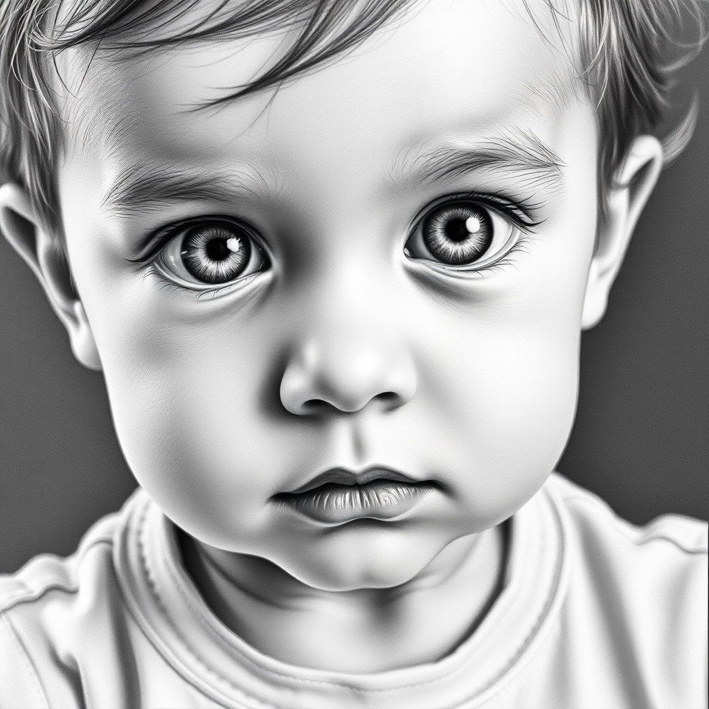 A hyperdetailed photorealistic black and white sketch of a beautiful toddler with deep white eyes, with a macro focus