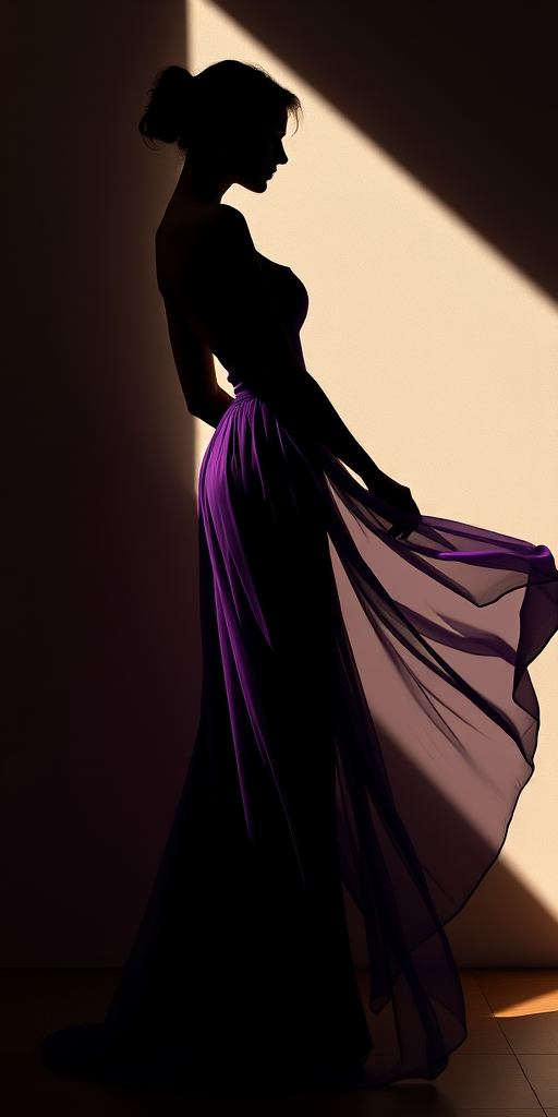 Create a high-resolution silhouette of a slender figure in a flowing purple gown, captured with a DSLR camera at f/2.8, ISO 100, 50mm lens, side lighting to create dramatic shadows, viewed at eye level for a graceful effect.