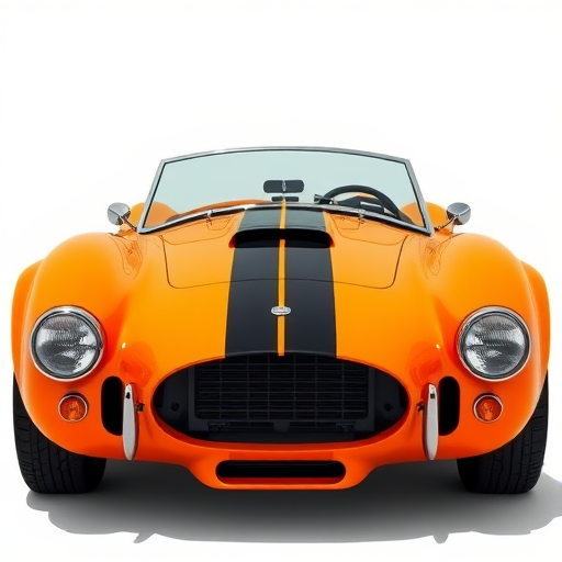 regenerate an illustration of a classic orange sports car with a black stripe, camera settings: aperture f/8, shutter speed 1/250, ISO 100, camera view: three-quarter view, camera style: high detail, camera type: digital SLR