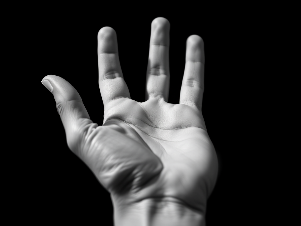 Create a high-contrast monochrome image of an open hand in a stylized, artistic design on a black background, using a DSLR camera with a 50mm lens, aperture set at f/8, ISO 100, and natural lighting to accentuate texture and details.