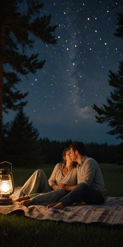 Warmly lit image of a couple sharing a quiet moment on a blanket under the stars, soft glow from a lantern illuminating their faces, distant fireflies flickering in the background, and the sound of crickets filling the night air.