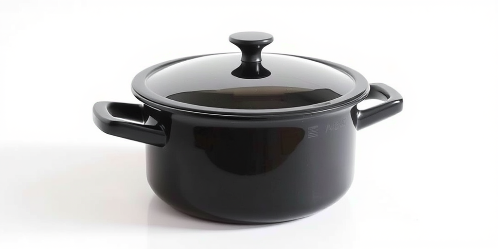 Create a high-resolution image of a simple black cooking pot with a lid, shot at an aperture of f/2.8, ISO 100, 50mm lens, in natural light, with a clean white background for better contrast.