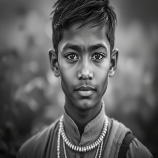 portrait of a young man with traditional attire, natural setting, black and white, soft focus, 50mm lens, f/1.8 aperture, 1/200 sec shutter speed, ISO 100, DSLR camera, narrow depth of field, shallow background blurring