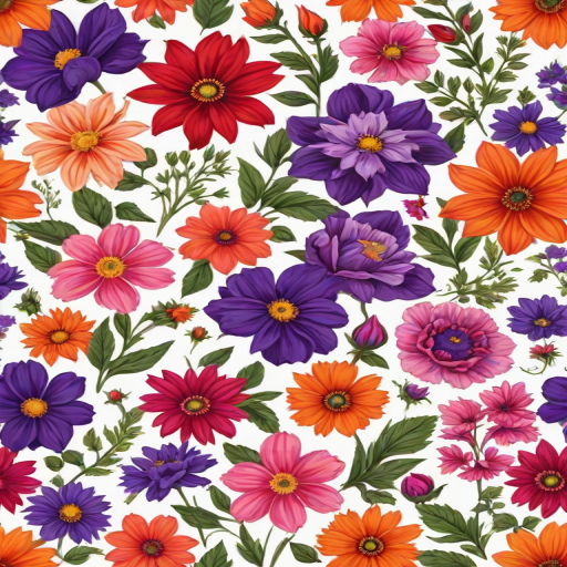 create a seamless floral pattern with a variety of colorful flowers including pink, purple, orange, and red on a white background