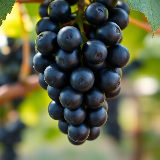 Close-up shot of ripe black grapes hanging from a vine, natural lighting, aperture f/2.8, ISO 100, 50mm lens, DSLR camera, shallow depth of field for a blurred background.