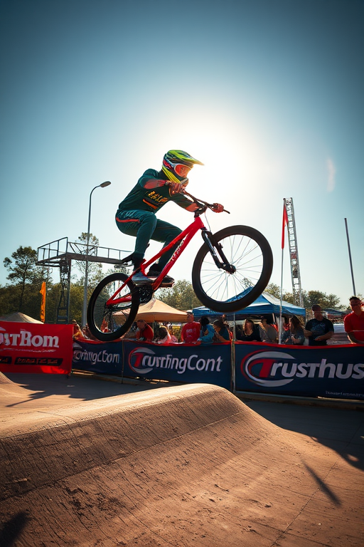 BMX rider in mid-air during a race, vibrant colors, sunny day, ISO 200, aperture f/4, shutter speed 1/1000s, 24mm lens, high-speed photography, captured at a low angle for dynamic perspective.