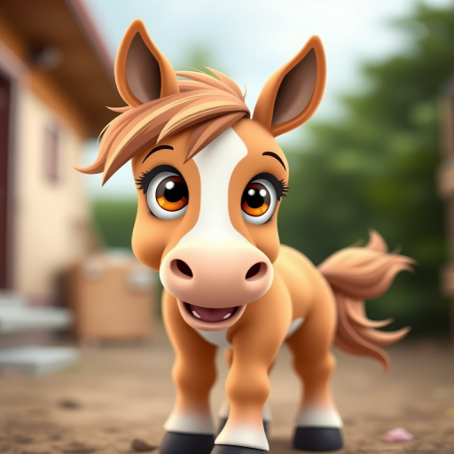 Create a cute cartoon-style illustration of a playful baby horse with a light brown coat and large expressive eyes, captured with a 50mm lens, f/2.8 aperture, soft lighting, shot from a low angle to emphasize the character's joyful stance.