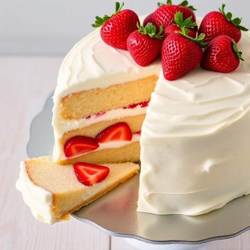 A delicious vanilla cake with fresh strawberries on top and inside, covered in creamy frosting, with a slice cut out revealing the strawberries and frosting layers, placed on a silver cake board with a light wooden background.