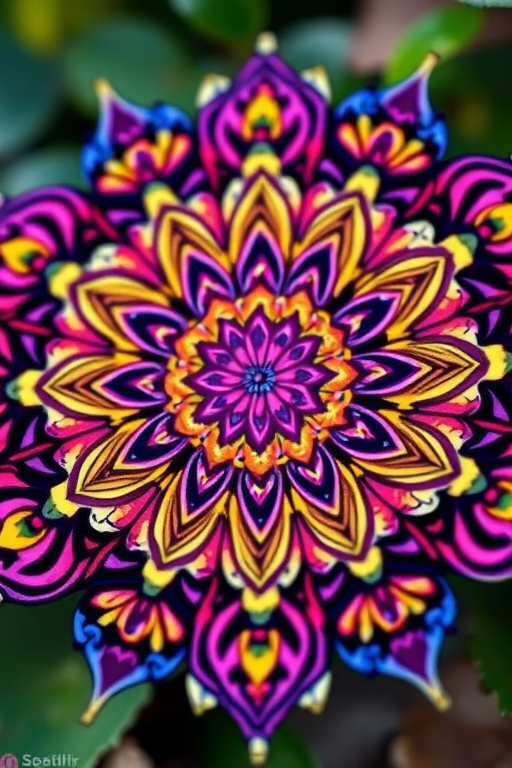 Generate a vibrant mandala design with intricate floral patterns, using a macro lens at f/2.8 for shallow depth of field, 1/60s shutter speed, and ISO 100, captured in soft natural light to enhance colors and details.