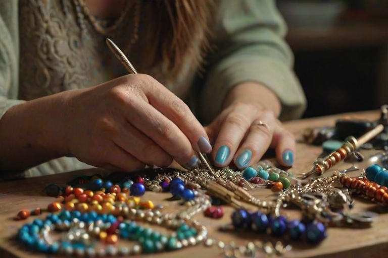 Close-up of a woman's hands crafting jewelry, surrounded by colorful beads and tools, with soft light highlighting her focused expression and the intricate details of her work.