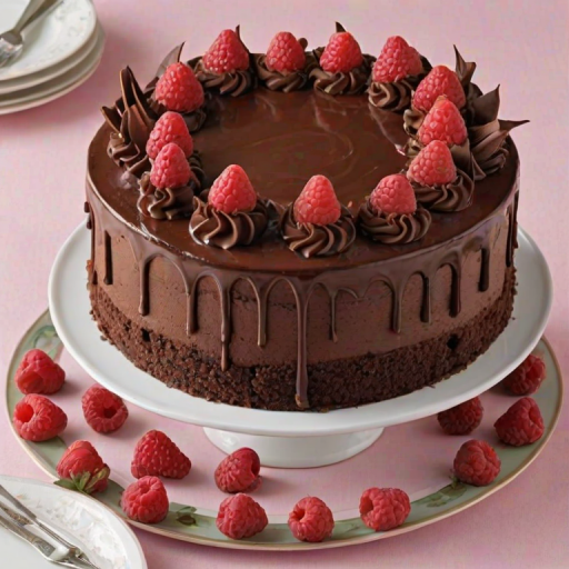 Create an image of a round chocolate cake with a smooth chocolate frosting. The cake should have a glossy chocolate drip effect along the sides and be topped with fresh raspberries and decorative chocolate pieces. Place the cake on a decorative white plate and arrange some pastel-colored plates nearby for a soft, elegant presentation.
