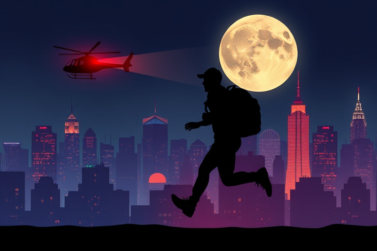 Create a digital illustration of a silhouetted figure running with a backpack under a spotlight from a helicopter in a city skyline at night with a large full moon in the background, use a DSLR camera with a 50mm lens, aperture f/2.8, ISO 200, and a shutter speed of 1/60s, capturing a vibrant color palette and high contrast between the silhouette and the illuminated buildings.