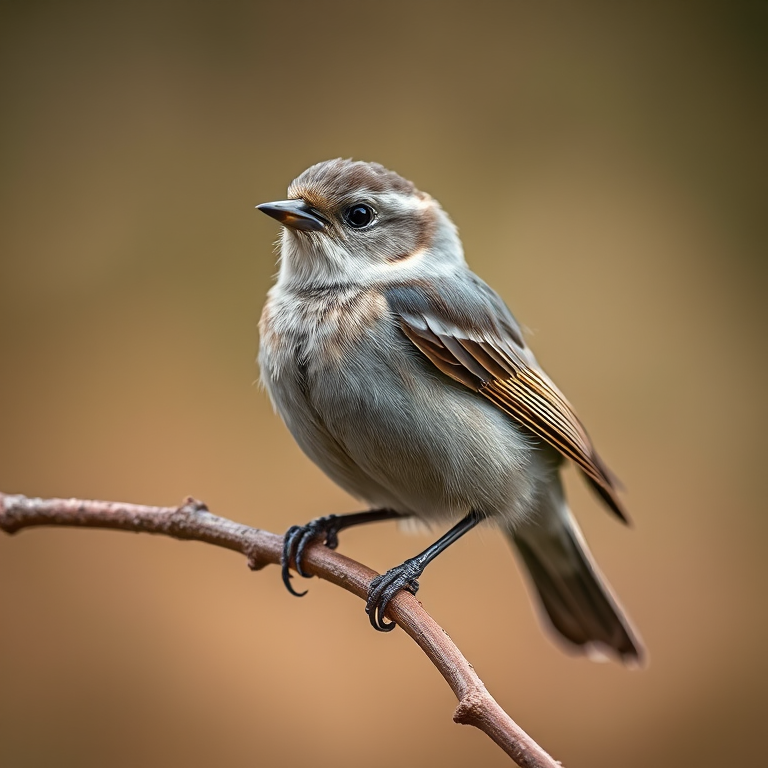 A close-up shot of a small bird perched on a branch with soft blurred background, using a DSLR camera with a 50mm lens, aperture set to f/2.8, shutter speed at 1/200s, ISO 400, natural lighting.
