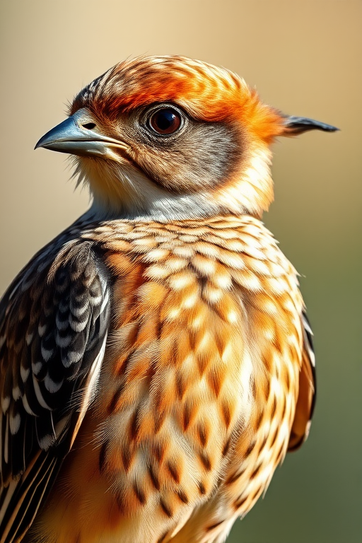 Generate a detailed illustration of a bird with intricate feather patterns, side profile view, natural light, high-resolution, 50mm lens, f/2.8 aperture, ISO 100, using a DSLR camera.