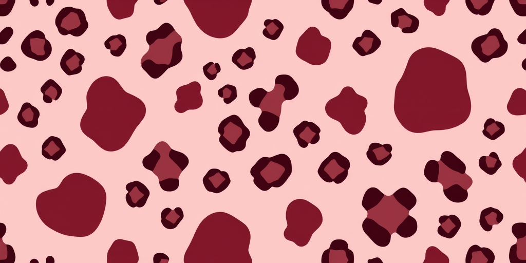 Generate a seamless leopard print pattern with abstract shapes in shades of burgundy on a light pink background using a high-resolution setting, 50mm lens, f/2.8 aperture, ISO 100, overhead view, digital camera style.