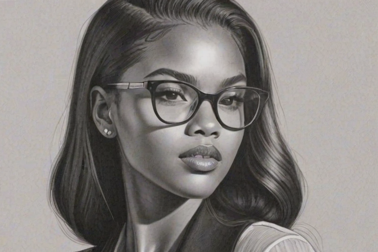 Elegant Ryan Destiny, pencil sketch, portrait of Captivating woman 1953s in glasses, hair style beatnik, outline, clear lines, fine lines, 8k