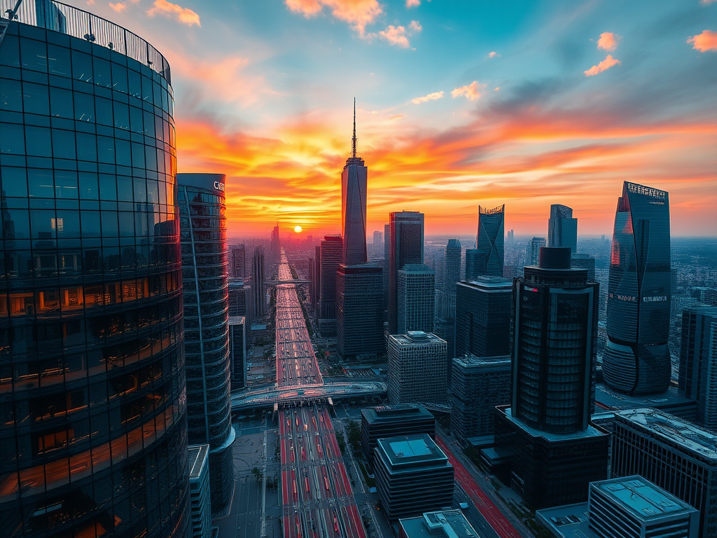 Create a high-resolution image of a futuristic city skyline at sunset, with vibrant colors reflecting off glass buildings, using a Canon EOS R5, 24mm lens, aperture f/8, ISO 100, 1/125 sec shutter speed, shot from a drone perspective to capture sweeping city views.