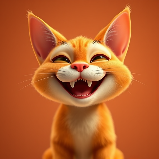 Generate a vibrant cartoon-style image of a smiling orange cat with exaggerated features, using a Canon EOS R5 camera with a 50mm f/1.8 lens, aperture at f/2.8, ISO 100, shutter speed 1/200s, and a clean, simple background for focus.