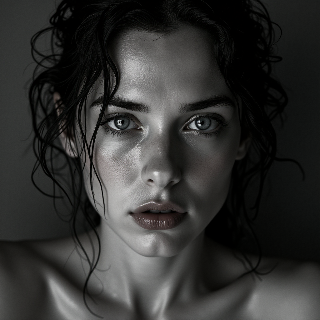 a striking portrait in the style of black-and-white photography, dramatic high-contrast lighting eloquently tracing the intricate details of hand-drawn pen strokes, a beautiful Nordic woman tousled hair and shining, focus on blue eyes and red lips, radiating with intensity portrait that highlights her dark , wet, . The monochromatic statement features her pale skin colored by tiny beads of sweat and water droplets, showcasing a hyper-detailed composition that focuses entirely on her unforgettable face. The stylized composition basks in atmosphere and mystery, created by the powerful, piercing gaze of the water-driven Nordic woman as she commands an intense and mesmerizing aura within the limited frame. Composed to evoke a sense of nostalgic wonder, this portrait perfectly captures the essence of a bygone era.