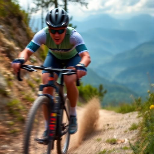 Blurry action shot of a cyclist racing down a mountain trail, dirt kicking up behind them, soft focus on the intense concentration on their face, distant mountains in the background, and the sense of speed and thrill.
