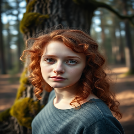 portrait of a young woman with curly red hair and freckles, standing near a moss-covered tree in a forest, soft natural lighting, camera settings: f/2.8, 1/125 sec, ISO 200, camera view: eye level, camera style: shallow depth of field, camera type: DSLR