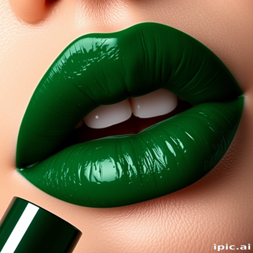 Deep emerald green liquid lipstick coats precisely outlined lips, offering a daring and unconventional appearance with a modern matte finish