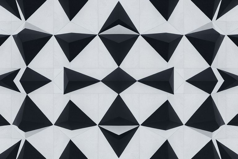 create a high-resolution image of a repeating pattern of black and white triangles arranged in a grid, camera settings f/8 aperture, ISO 100, 1/125 shutter speed, aerial view, digital camera type DSLR for enhanced clarity and detail