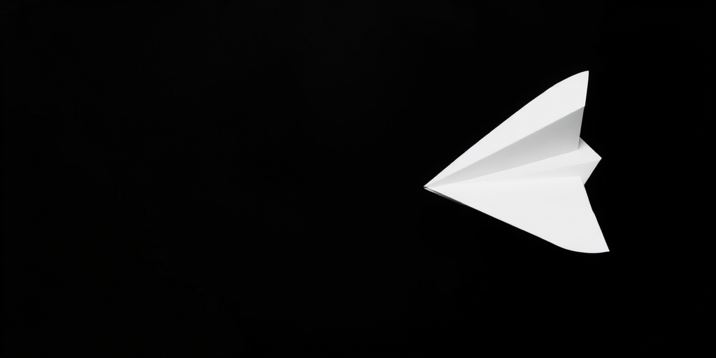 Create a high-resolution image of a white paper airplane flying against a solid black background, with a focus on sharpness and contrast, captured using a DSLR camera at f/2.8 aperture, ISO 100, 1/500 shutter speed, with a wide-angle lens at 24mm for enhanced depth of field and clarity.