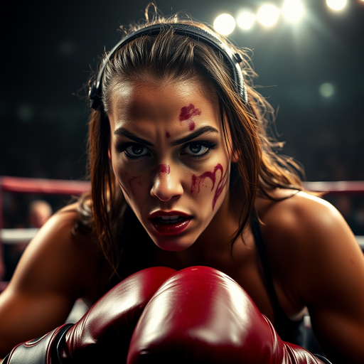 Create an image of a fierce female boxer in a gritty boxing ring, showcasing her determined expression and bruised face, with dynamic lighting and a blurred crowd in the background, using a DSLR camera with a 50mm lens at f/1.8 for shallow depth of field, ISO 400, shutter speed 1/250s, in a high contrast style.