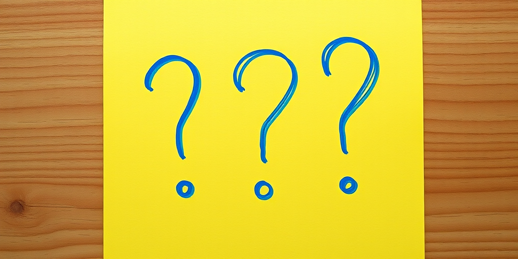Create an illustration of three blue hand-drawn question marks on a bright yellow sticky note, captured with a Canon EOS R camera, 50mm lens, f/2.8 aperture, ISO 100, natural light, top-down view for clarity and depth.