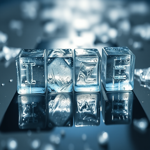 Create an image of the word ICE made of ice cubes, reflecting on a glossy surface, with a 50mm lens, f/1.8 aperture, ISO 100, natural lighting, taken from a low-angle perspective in a macro photography style.