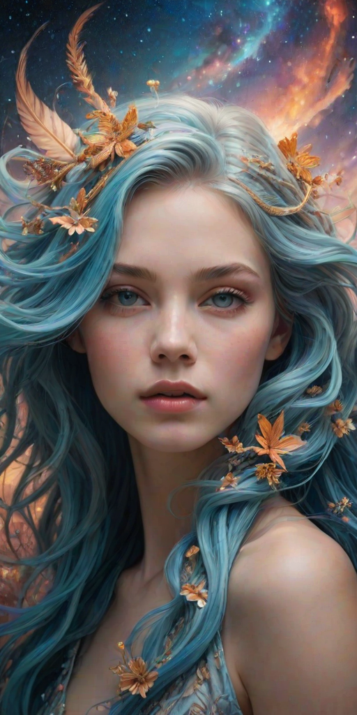 Create a series of imaginative portraits where each subject is infused with elements of fantasy and nature. The hair of the individuals should flow like clouds, varying from soft, fluffy cumulus to wispy cirrus strands, with hints of color reflecting a sunset or a clear blue sky. The eyes should be windows to entire galaxies, with stars, nebulae, and distant planets visible within them. Clothing should be adorned with nature motifs, such as floral patterns that bloom and change, vines that seem to grow and wrap around, or feathers that shimmer with iridescence. Each portrait should capture a unique personality, blending human features with the ethereal beauty of the natural and cosmic world. The backgrounds can vary, from starry night skies to enchanted forests, adding depth and context to the magical realism of the portraits