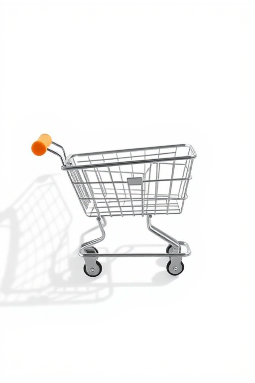 Create a high-resolution image of a shopping cart icon, using a 50mm lens at f/2.8 aperture, ISO 100, shot from a top-down view in natural light with a clean, white background.
