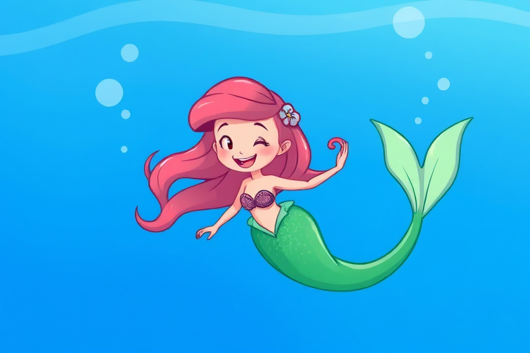 Create a vibrant cartoon illustration of a smiling mermaid with pink hair and a green tail, swimming happily in bright blue water with bubbles, captured using a Canon EOS R5 at f/8, ISO 100, 1/250s, with a wide-angle lens, in a whimsical style.