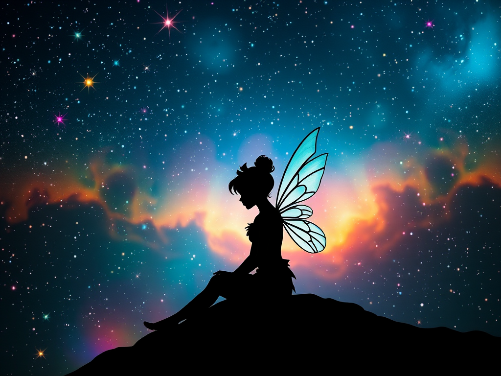 Create an ethereal silhouette of a fairy sitting gracefully, surrounded by a cosmic background filled with stars and vibrant colors, using a DSLR camera with a 50mm lens, f/1.8 aperture, 1/200s shutter speed, and ISO 100 for clarity and depth.