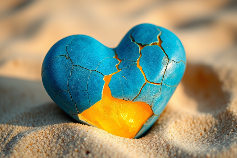 Create an image of a blue heart-shaped stone with cracks revealing a glowing yellow core, set against a soft-focus sandy background, captured with a Canon EOS R5, 50mm lens, f/2.8 aperture, 1/125 sec shutter speed, and natural lighting to enhance texture and detail.