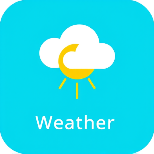 Create a vibrant and modern weather icon featuring a stylized white cloud with a yellow sun peeking behind it, set against a bright turquoise background, using a digital illustration style with a resolution of 300 DPI, captured in a vector format, ensuring sharp edges and clear colors.