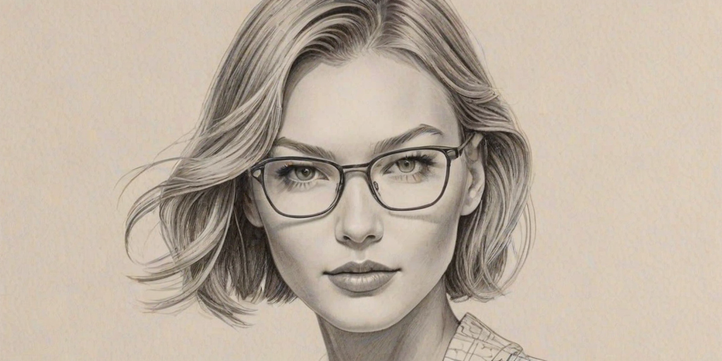 Alluring Karlie Kloss, pencil sketch, portrait of Radiant woman 1967s in glasses, hair style beatnik, outline, clear lines, fine lines, 8k