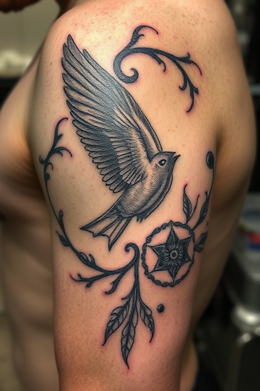 Etching style tattoo known as "Engraved Memories" utilizing fine lines cross-hatching and stippling techniques to create a design that resembles an old-world engraving with rich textures and depth