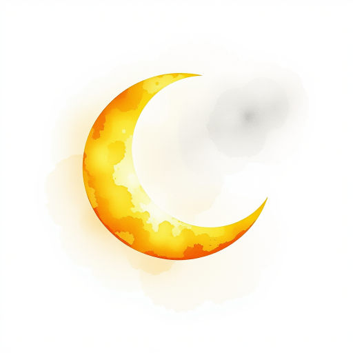 Create a detailed watercolor illustration of a golden crescent moon on a transparent background with soft brush strokes, using a Canon EOS 5D Mark IV camera, aperture f/4, ISO 100, and a 50mm lens, ensuring high resolution and vibrant color saturation.