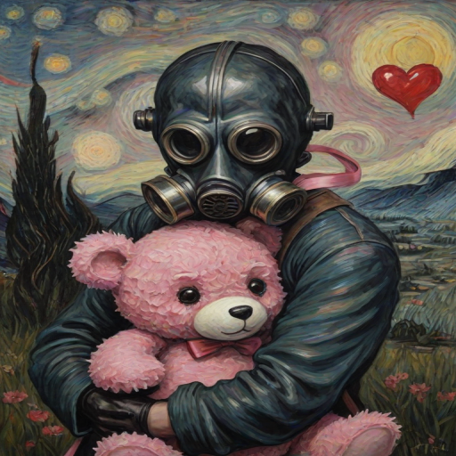 Darkness, horror, creepy, Very strong style of Vincent van Gogh, oil painting of disease, mine - type, mass - produced type, gas mask, cross, ribbon, heart, slanted eyes, twintails, thick coating, black hair, pink eyes, hugging a teddy bear, art styles of Patti Mollica and Mika Pikazo